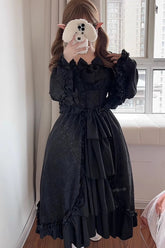 Black Long Hime Sleeves Multi-Layered Ruffle Cardigan Bowknot Gothic Plus Size Lolita Dress